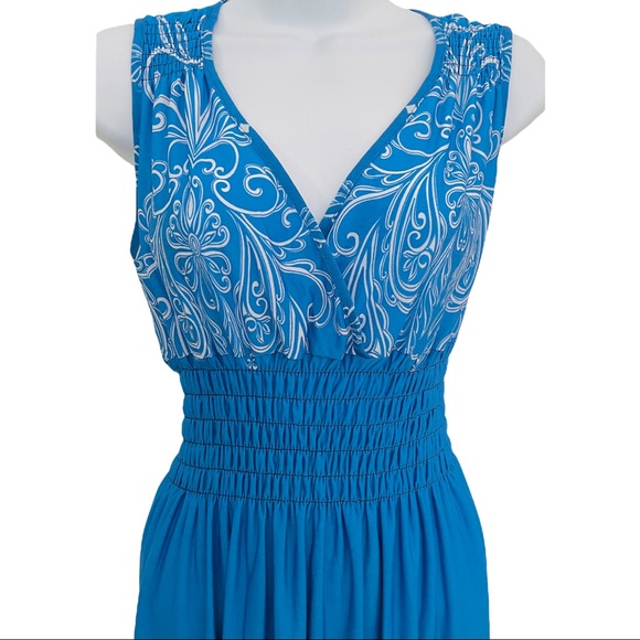 Summer NWT Dress Sleeveless Surplice Smock Waist Sleeveless Maxi Blue White S - Picture 3 of 10